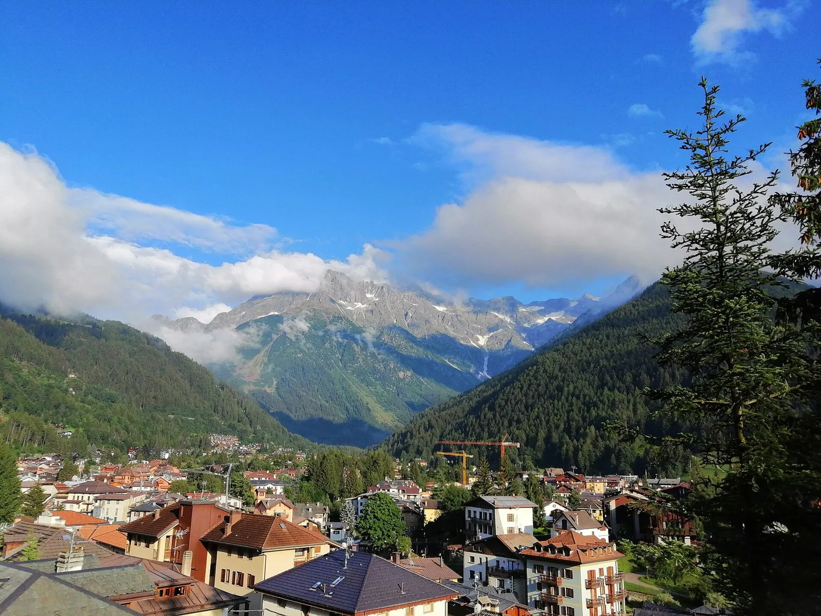 Veduta dall'alto dei tetti di Ponte di Legno con boschi e cime innevate sullo sfondo